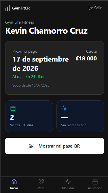 Panel de GymFitCR: lista de miembros con estado de pago